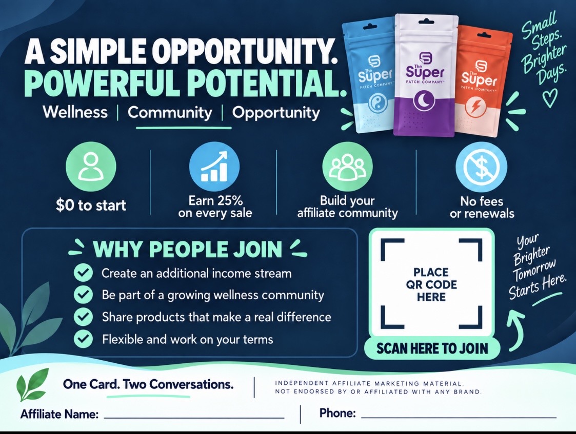 Back of the Wellness Connection Card with an Affiliate Join QR sticker area and an Affiliate Name and Phone write-in line
